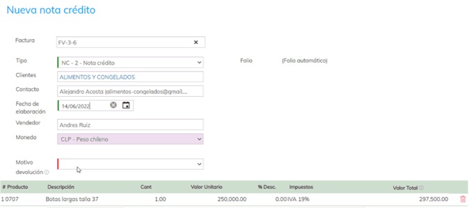 4. Diligencia la información de la Nota crédito